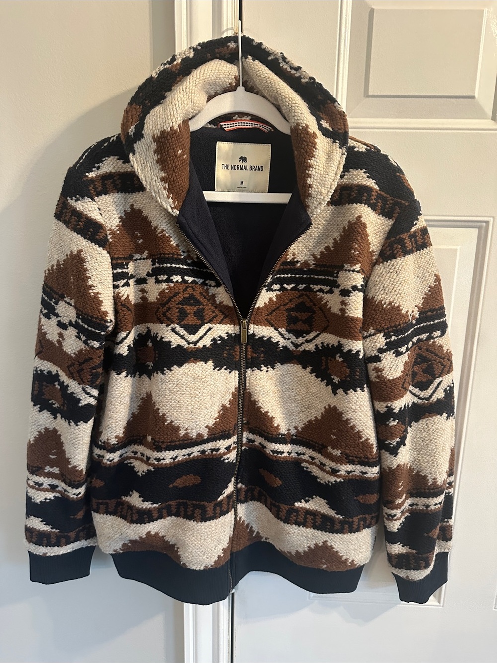 The Normal Brand Brown Black & Cream Geometric Zip Bomber Jacket